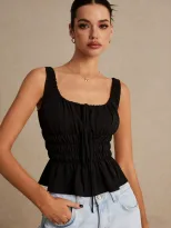 Sweet Ruffled Hem Drawstring Cami Top Square Neck Slim Fit Backless Flowy Design Casual Summer W