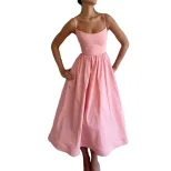 Elegant Womens Midi Dress Slim Fit Low Cut Spaghetti Straps Flared Skirt Office Wear or Evening