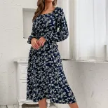 Blue Floral Off Shoulder Dress Long Sleeve Stylish Autumn Fashion Wholesale Available private la