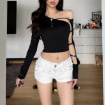 Womens Long Sleeve T Shirt Sexy Irregular Asymmetrical Neckline Hollow Out Design Slim Fit Autum