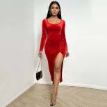Elegant Velvet Long Sleeve Dress Slim Fit Solid Color Split Design Autumn Winter Fashion for Par