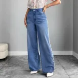Loose Fit Pearl Lace Wide Leg Jeans Simple Fresh Design Casual Wear for Women Wholesale Availabl