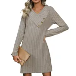 Knit Dress Autumn Collection Solid Color V Neck Ribbed Texture Casual Wear Wholesale Available