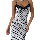 Summer Sleeveless Dress Elegant Polka Dot Print Lace Panel V Neck Slim Fit Side Slit Perfect for