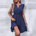 Polka Dot Ruffled Dress V Neck Short Sleeve Lightweight Fabric Casual Summer Wear Wholesale Avai