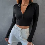 Slim Fit Short Knit Long Sleeve T Shirt Y2K Style Stand Collar Trendy Design Spring Summer Colle