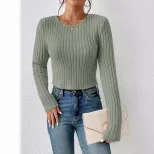 Casual Fitted Sweater Solid Color Round Neck Long Sleeve Autumn Winter Wear Ready to Ship low MO