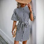 Casual Striped Shirt Dress Ruffle Sleeve Stand Collar European and American Style Perfect for Sp