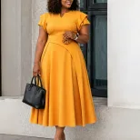 Plus Size Elegant Midi Dress High Waist Flared Skirt African Print Summer Fashion for Women Whol