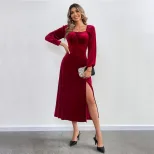 Velvet Long Sleeve Dress Sexy Split Design Waist Cinching Square Neck Puff Sleeves Evening Party