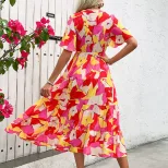 Abstract Print Ruffled Sleeve Cardigan Dress Vibrant Romantic Casual Style Perfect for Spring Su