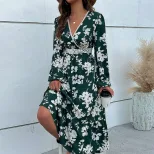 High End Womens Dress Green Floral Print V Neck Long Sleeve Spring Fall Fashion Wholesale Availa