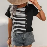 Summer Womens Striped Color Block T Shirt Short Sleeve Casual Style Lightweight Fabric Wholesale