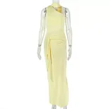 Fashionable Womens Bodycon Dress Ruffled Slim Fit Sleeveless Asymmetrical Neckline Casual or Eve
