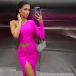 Off Shoulder Long Sleeve Hollow Out Bodycon Dress High Waist Solid Color Sexy Style Evening Part