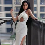 Hollow Out Backless Bodycon Dress Sleeveless Halter Neck Solid Color Elegant Design Perfect for