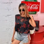 Womens Printed Short Sleeve T Shirt Round Neck Fashionable Design Casual Style Spring Summer Col