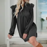 Long Sleeve Ruffle Hem Dress Loose Fit Solid Color Stand Collar Casual Wear Spring Fall Wholesal