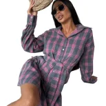 Plaid Two Piece Set Loose Fit Shirt with Lapel Waist Tie Flared Skirt Casual Fashion for Women W
