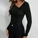 Slim Fit Knitted Long Sleeve T Shirt Asymmetrical Neckline Versatile Style Fashionable Chic Autu