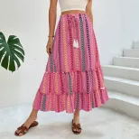 Bohemian Striped Print Skirt Summer Vacation Style Drawstring Tassel Details Lightweight Fabric