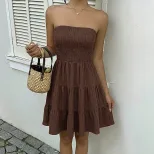 Sweet Vacation Style Solid Color Textured Strapless Cake Dress Elegant Design Comfortable Fit Pe