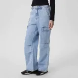 Womens Casual High Waisted Denim Trousers Slim Fit Large Pockets European and American Style Per