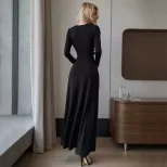 Elegant Hollow Out High Slit Long Sleeve Dress Solid Color Sexy Design Perfect for Spring Summer