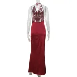 Backless Satin Midi Dress Deep V Neck Halter Neck Slim Fit Elegant Wine Red Cocktail Party Eveni