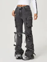 Womens Straight Leg Denim Cargo Pants Mid Rise Large Pockets Casual Style Wholesale Available