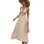 Casual Vacation Long Dress Backless Design Bow Tie Neck Lightweight Fabric Perfect for Summer Ge