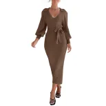 Knitted Sweater Dress for Women Lantern Sleeve Solid Color Autumn Winter Fashion