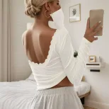Lace Panel Long Sleeve Top Sexy Slim Fit Backless Design Ribbed Texture Perfect for Parties and