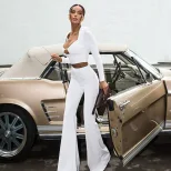 Fashion Womens Suit Set Elegant Solid Color Slim Fit Long Sleeve Top and Trousers Perfect for Ca