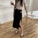 欧洲站2022夏季新款气质复古侧边高开叉牛仔裙子贴布半身裙女潮