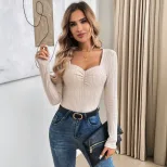 Elegant Womens Fitted Knit T Shirt Pleated Design Spring Summer Style Perfect for Casual or Dres
