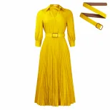V Neck Long Sleeve Pleated Dress Solid Color Flowy Skirt Fashionable Design Spring Summer Wear W