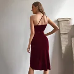 Womens Velvet Dress Asymmetrical Hem Sleeveless Waist Defined Elegant Office Wear for Wholesale
