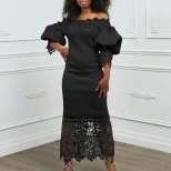 Off Shoulder Lace Trimmed Evening Dress Lantern Sleeves Elegant Design Perfect for Parties Whole