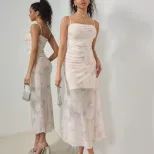 Sweet Floral Ruffled Maxi Dress High Elasticity Spaghetti Straps Vacation Style Spring Summer Co