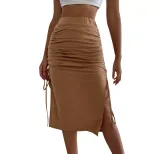 High Waist Split Hem Midi Skirt Drawstring Bodycon Fit Elegant Style Perfect for Work or Casual