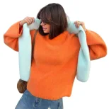Womens Oversized Knit Sweater Round Neck Faux Mink Fabric Long Sleeve Casual Style Perfect for S