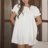 Womens Summer Dress Elegant Slim Fit Loose Puff Sleeve Ruffle Hem White custom packaging