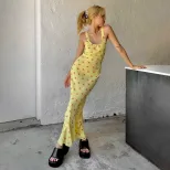 Summer Floral Print Maxi Dress Sweet Fresh Spaghetti Strap Mermaid Hem Milk Silk Fabric Beachwea