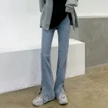 2022年秋冬新款高腰微喇开叉牛仔裤女长裤阔腿显瘦显高弹力喇叭裤