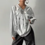 Womens Casual Long Sleeve V Neck Top Letter Print Street Style Trendy Design Perfect for Everyda