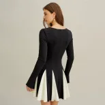 Black and White Color Block Short Dress Square Neck Long Sleeve High Waist A Line Hem Chic Casua