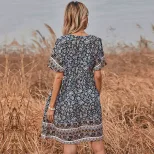Geometric Floral Print Dress Round Neck Short Sleeve Summer Style Perfect for Casual Outings Who