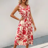 Sleeveless V Neck Floral Print Dress Red Beach Ready Lightweight Fabric Summer Vacation Style Wh