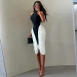 Color Block Black and White Bodycon Dress Sleeveless Fashionable Casual Style Perfect for Work o